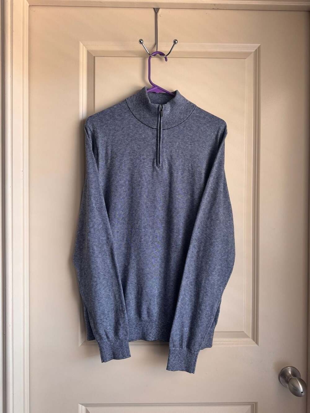 14th & Union Men's Blue Striped Quarter Zip Cotton Cashmere Sweater Size L